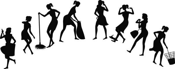 Silhouettes of women doing household chores, cleaning, mopping, shopping, talking on phone, daily home activity scene - flat vector illustration