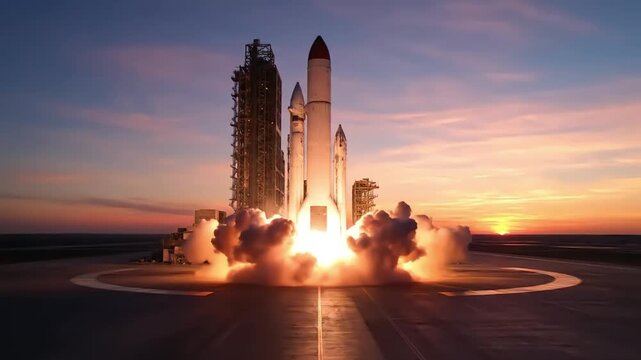 Massive Rocket Launching into Space at Sunset with Fiery Ignition.