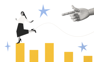 Composite trend artwork sketch image collage of copyspace office manager young lady walk stats graphics huge toy hand finger point way