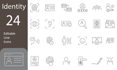 Identity Editable Line Icons Set.  identification, passport, biometric, ID card, fingerprint, DNA. and mor. Vector illustration
