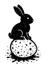 Stylish Black Silhouette Rabbit Sitting on Speckled Easter Egg with Grungy Ink Splatter Texture. A Unique Monochrome Design Ideal for Spring Holiday Celebrations, Modern Artistic Illustration, Digital