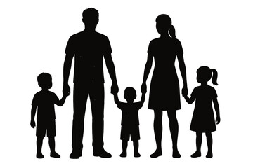 Black silhouette of a loving family: father, mother, three children (two boys, one girl) holding hands. Represents unity, support, strong familial bonds, secure childhood, generational connections, fa