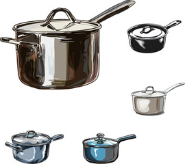 set of kitchen utensils, set of pots for cooking in color style 