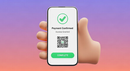 Payment confirmation on smartphone with thumb up on gradient background
