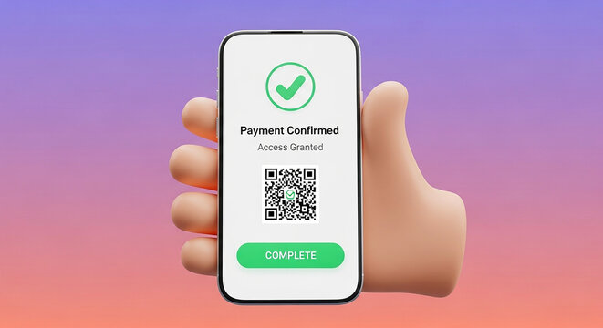 Payment confirmation on smartphone with thumb up on gradient background
