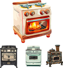 old electric stove isolated on white,set of kitchen appliances