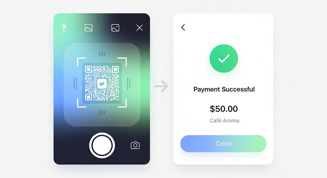 Mobile payment successful after scanning qr code on smartphone isolated on white background - Powered by Adobe