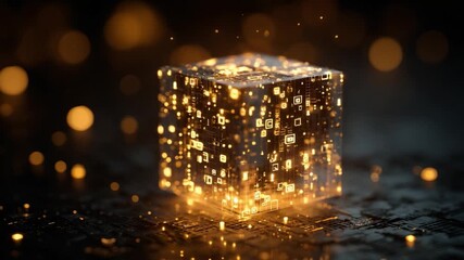 Luminous cube atop a glowing circuit board representing big data processing, blockchain and AI core, futuristic digital network and central processor powering secure cyberspace systems - Powered by Adobe