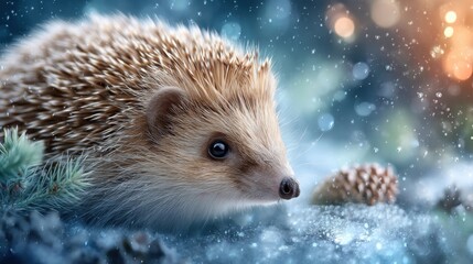 Obraz premium Cute Hedgehog in Winter Wonderland with Bokeh Lights