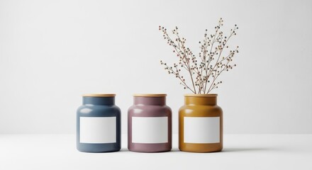 Three Ceramic Jars With Wooden Lids and Dry Stems