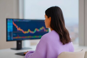 Professional woman analyzing stock charts on dual monitors in modern home office with natural light