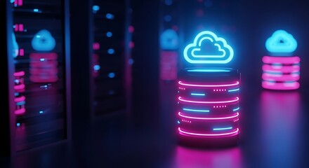 Cloud Data Servers with Neon Glows in a Dark Data Center Displaying Tech Infrastructure and Modern Computing Solutions
