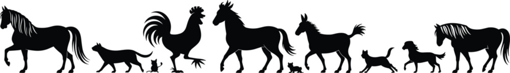 Farm animals silhouettes collection, horse, dog, cat, rooster, donkey, pets and livestock, rural life, countryside farming flat vector illustration