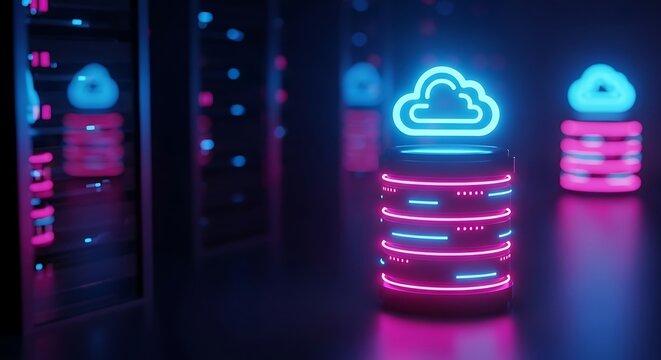 Cloud Data Servers with Neon Glows in a Dark Data Center Displaying Tech Infrastructure and Modern Computing Solutions
