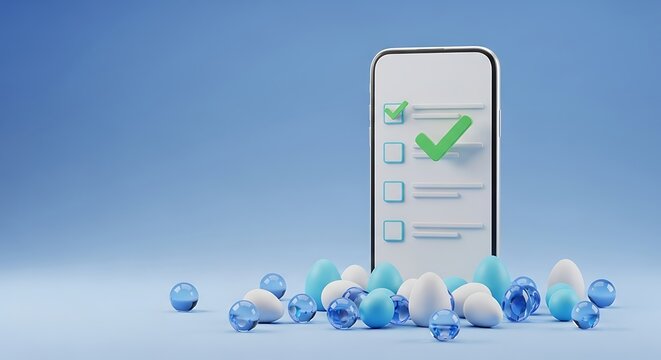 Phone Displaying Completed Checklist Surrounded by Blue and White Spheres Creating a Playful and Modern Digital To Do