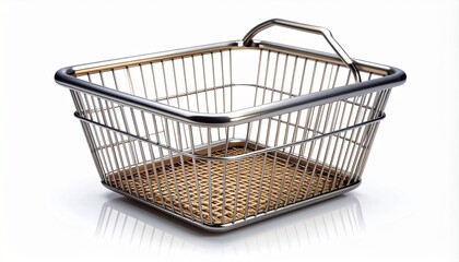 Empty metal shopping basket with wooden base on white surface