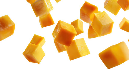 Freshly cut mango chunks falling isolated on transparent background