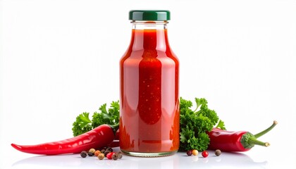 Glass bottle of red chili sauce with green cap surrounded by fresh red chilies and herbs
