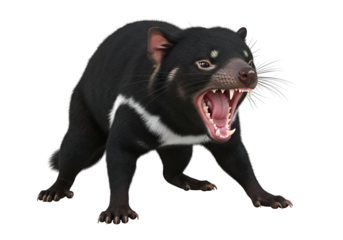 A fiercely posed Tasmanian devil, its mouth agape in a menacing display of teeth, is highlighted against a pure black background.