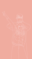 Two friends are striking playful poses, one giving a peace sign while the other stands behind. The simple line art creates a fun, relaxed vibe suitable for easy enjoyment.