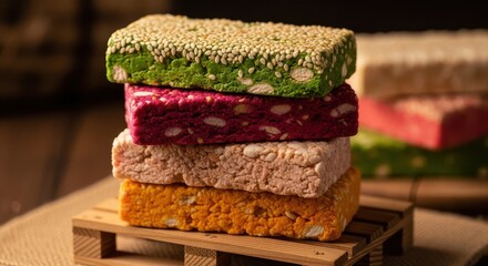 Colorful stacked sweet confections with nuts and seeds