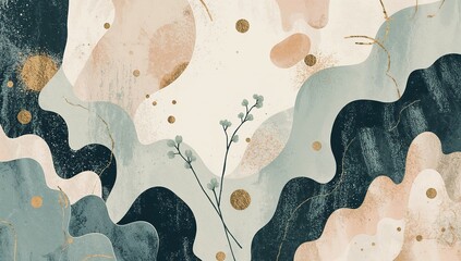 Abstract  Seascape with Golden Accents and Botanical Elements