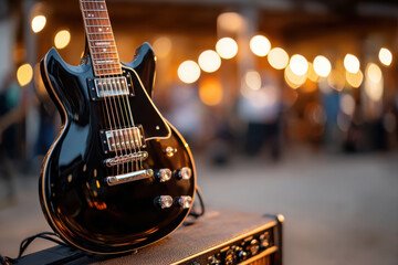 Black electric guitar on amplifier with bokeh lights