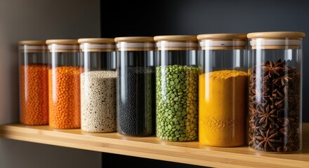 Clear Glass Storage Jars Filled With Various Spices and Grains