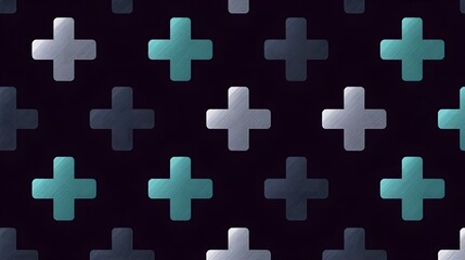Fototapeta premium An abstract, minimalist background featuring a repeating pattern of stylized turquoise and gray crosses on a dark navy blue surface, creating a clean, consistent and sophisticated visual.