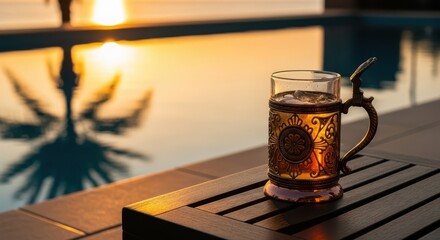 Golden Hour Refreshment Beside a Sparkling Pool on a Warm Evening