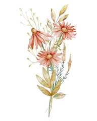 Watercolor bouquet with echinacea flowers and greenery forming a floral arrangement. Botanical Illustration with leaves for seasonal greeting cards or wedding invitations. Floral art for posters.