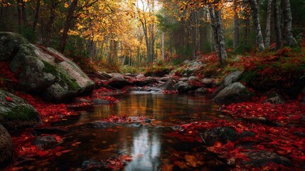 autumn stream red leaves forest
