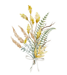 Autumn bouquet watercolor composition with fern, oak leaves, twigs and dry flowers tied with ribbon. Botanical illustration of forest plants for greeting card or invitation. Art herbs for fall poster © Alisles
