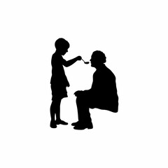 Silhouette of a boy feeding his sick father with a spoon isolated on white background
