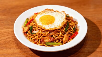 Fried noodles dish with a fried egg on top, served in a white bowl on a wooden surface.