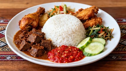 A plate of flavorful Indonesian rice dish, featuring tender beef rendang, crispy fried chicken, fluffy rice, and vibrant accompaniments, presented on a white plate.