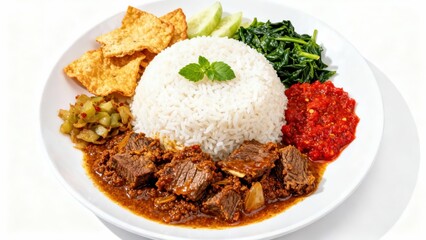 A plate of flavorful rice with beef curry, garnished with various sides, showcases a vibrant and delicious meal.