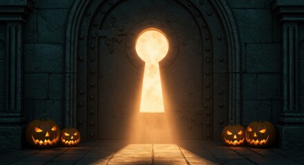 A mysterious keyhole illuminates a dark stone archway, revealing a warm glow, with carved pumpkins placed on either side, suggesting a Halloween-themed setting