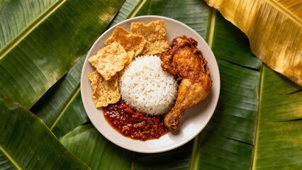 A plate of fragrant white rice, crispy fried chicken, and a spicy sambal sauce, served atop a bed of tropical banana leaves.