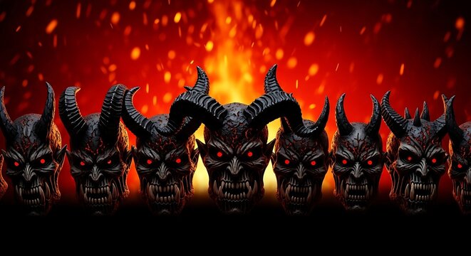 A sinister row of demonic heads against a backdrop of fiery embers, radiating an ominous and intense atmosphere.