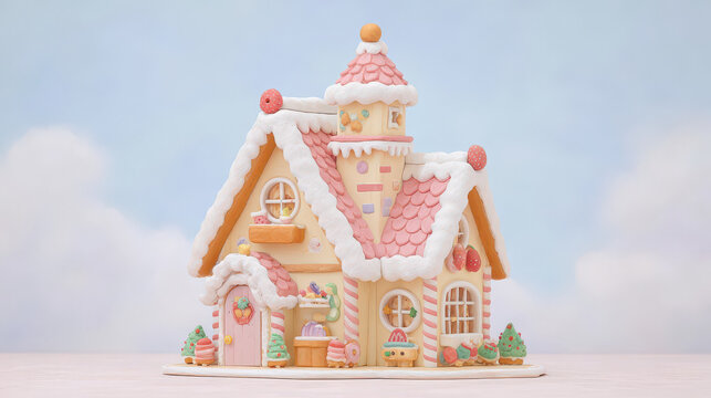 whimsical gingerbread house adorned with virtual projections of sweets nestled against soft pastel backgrounds