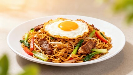 A plate of flavorful stir-fried noodles with tender beef, colorful vegetables, and a sunny-side-up egg sits ready to be enjoyed.