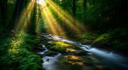 Fototapeta premium Golden sunbeams pierce through dense forest canopy illuminating a flowing stream and moss covered rocks