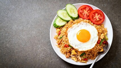 Fried rice with sunny-side-up egg, cucumber, and tomato garnishes on a white plate, presented on a dark stone surface.