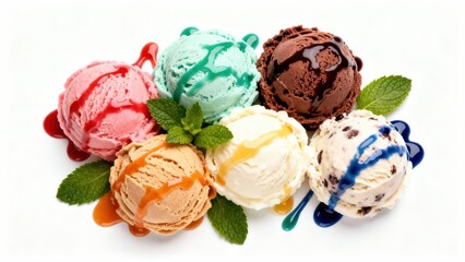A delectable arrangement of various ice cream scoops, drizzled with colorful syrups, rests atop a pristine white surface, highlighted by fresh mint leaves.