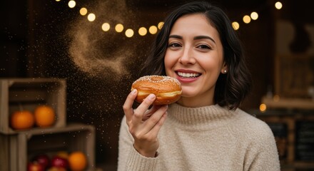 A joyful woman in a cozy sweater holds a freshly baked donut, surrounded by warm autumn decorations and soft lighting, creating a delightful atmosphere for a seasonal celebration