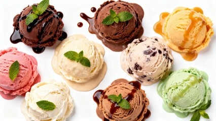 Assorted ice cream scoops, various flavors, presented on a white plate, drizzled with sauces, topped with fresh mint leaves.