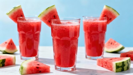 Refreshing watermelon smoothies in tall glasses, garnished with watermelon slices, sit on a light surface against a vibrant blue backdrop.