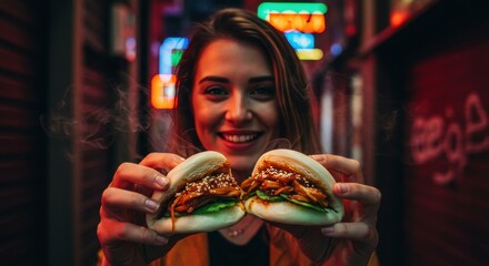 A smiling woman holds two steaming bao buns filled with vibrant ingredients in a lively street setting adorned with colorful neon signs, creating a warm and inviting atmosphere for food lovers