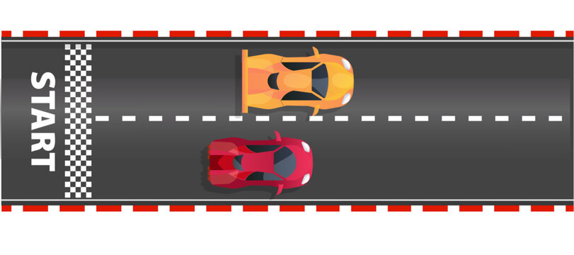 Race road Start and finish top view asphalt track with racing cars, sport speedway racetrack, competition roadway. border red and white.